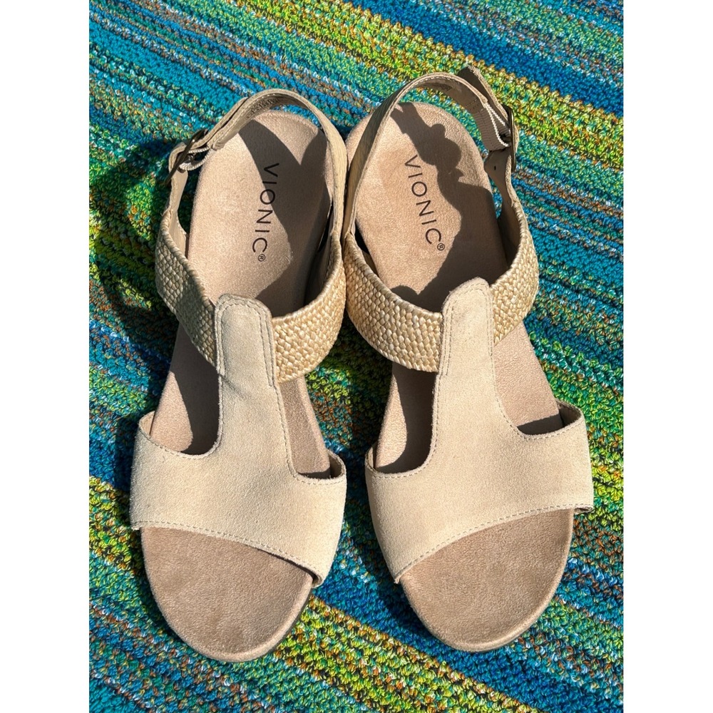 Vionic Kaytie Suede Woven T-Strap Cork Wedge Sandals Cream Tan 8.5